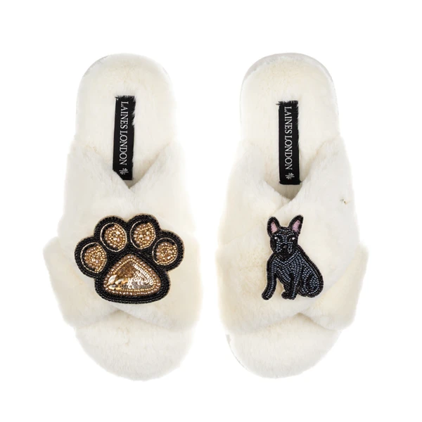 Laines London Classic Laines Slippers With Paw & Black Sitting French Bulldog Brooches