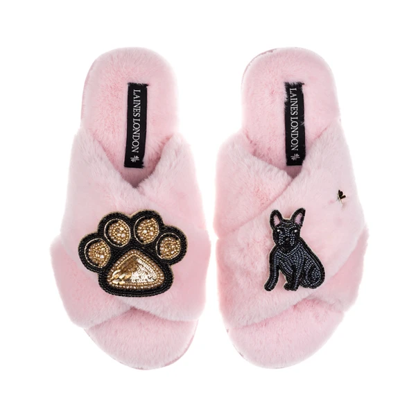 laines london Classic Laines Slippers With Paw & Black Sitting French Bulldog Brooches