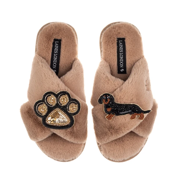 Laines London Classic Laines Slippers With Paw & Black & Tan Dachshund Brooches