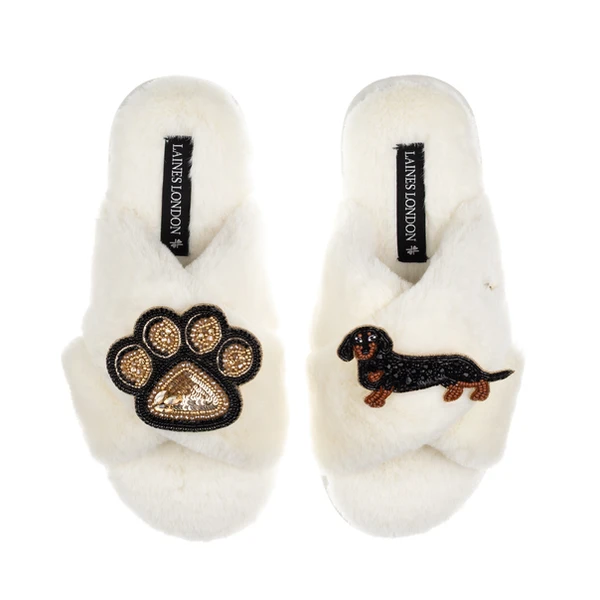 Laines London Classic Laines Slippers With Paw & Black & Tan Dachshund Brooches