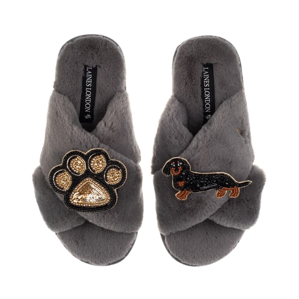 Laines London Classic Laines Slippers With Paw & Black & Tan Dachshund Brooches