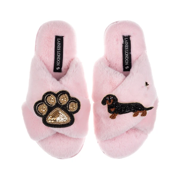 laines london Classic Laines Slippers With Paw & Black & Tan Dachshund Brooches