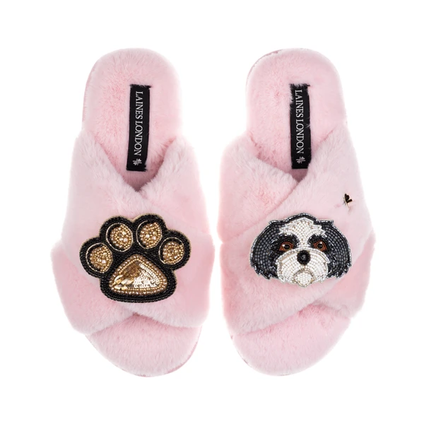 Laines London Classic Laines Slippers With Paw & Black & White Shih Tzu Brooches