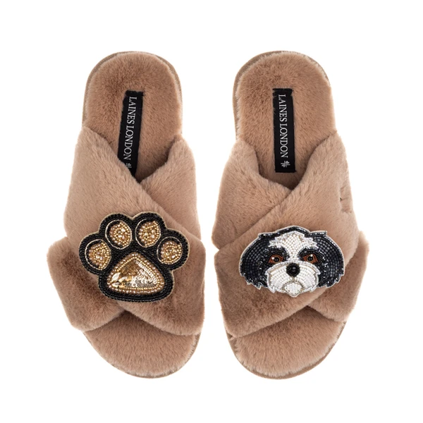 Laines London Classic Laines Slippers With Paw & Black & White Shih Tzu Brooches