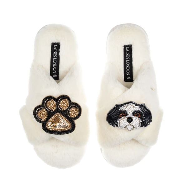 Laines London Classic Laines Slippers With Paw & Black & White Shih Tzu Brooches
