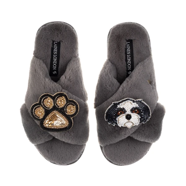 laines london Classic Laines Slippers With Paw & Black & White Shih Tzu Brooches