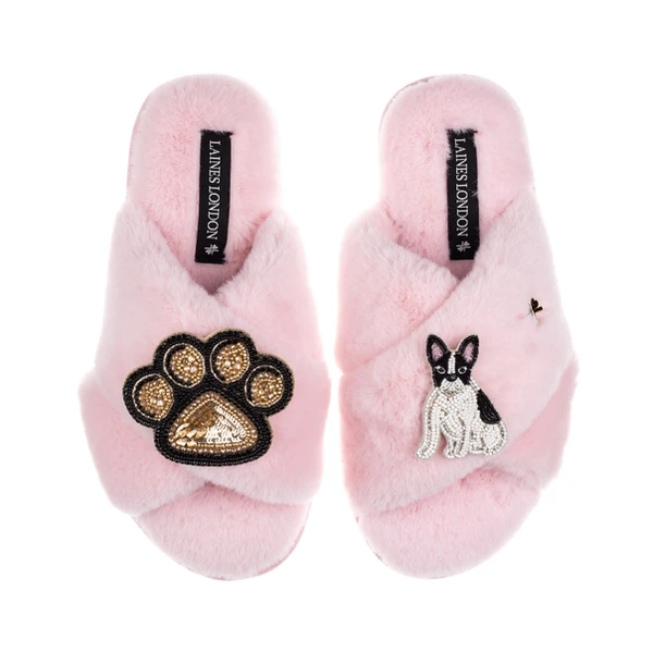 Laines London Classic Laines Slippers With Paw & Black & White Sitting French Bulldog Brooches