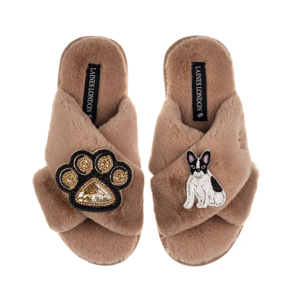 Laines London Classic Laines Slippers With Paw & Black & White Sitting French Bulldog Brooches