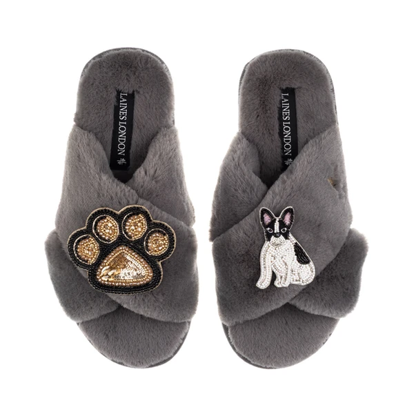Laines London Classic Laines Slippers With Paw & Black & White Sitting French Bulldog Brooches