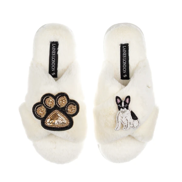 laines london Classic Laines Slippers With Paw & Black & White Sitting French Bulldog Brooches