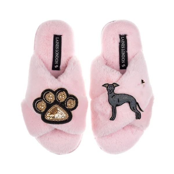 Laines London Classic Laines Slippers With Paw & Blue Italian Greyhound Brooches