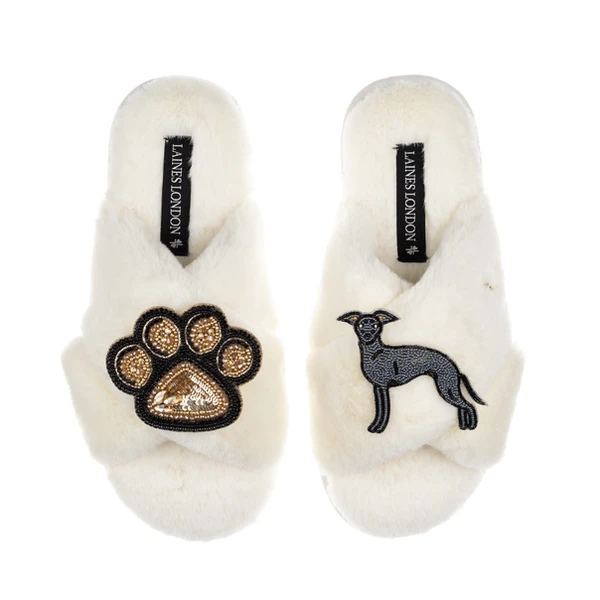 Laines London Classic Laines Slippers With Paw & Blue Italian Greyhound Brooches