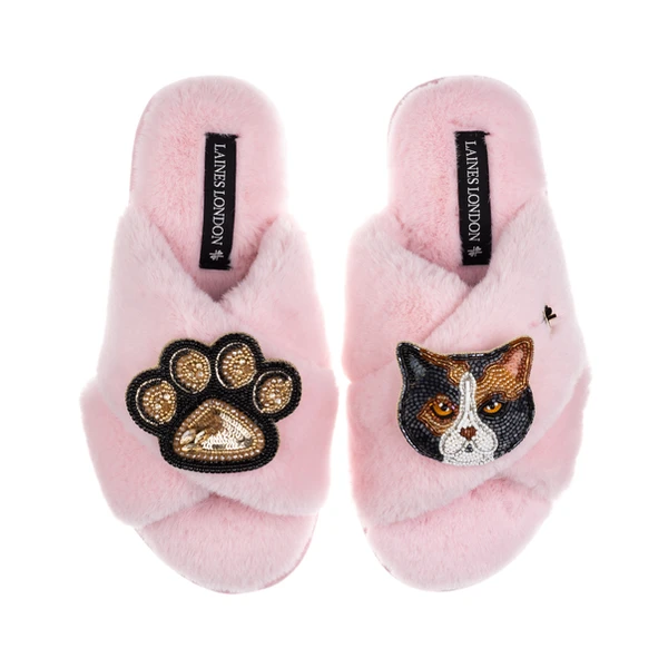 Laines London Classic Laines Slippers With Paw & Calico British Shorthair Cat Brooches