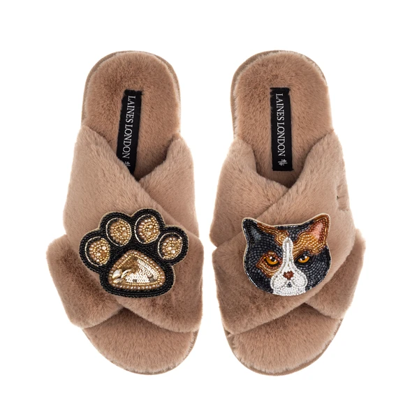 Laines London Classic Laines Slippers With Paw & Calico British Shorthair Cat Brooches