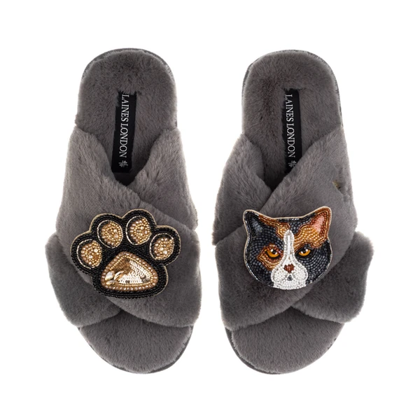 Laines London Classic Laines Slippers With Paw & Calico British Shorthair Cat Brooches