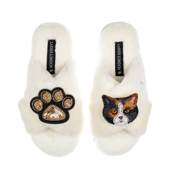 laines london Classic Laines Slippers With Paw & Calico British Shorthair Cat Brooches