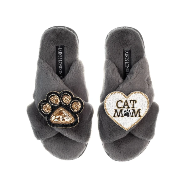 Laines London Classic Laines Slippers With Paw & Cat Mum / Mom Brooches