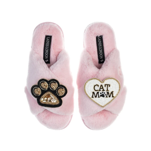 Laines London Classic Laines Slippers With Paw & Cat Mum / Mom Brooches