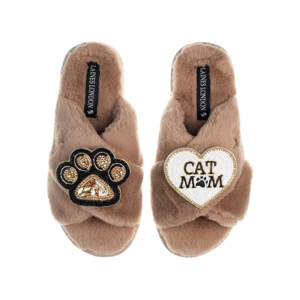 Laines London Classic Laines Slippers With Paw & Cat Mum / Mom Brooches