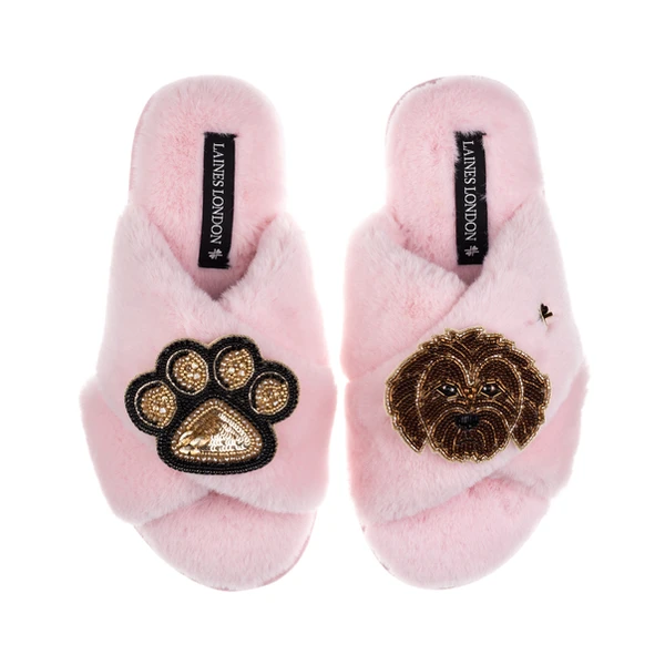 Laines London Classic Laines Slippers With Paw & Chocolate Cockapoo Brooches