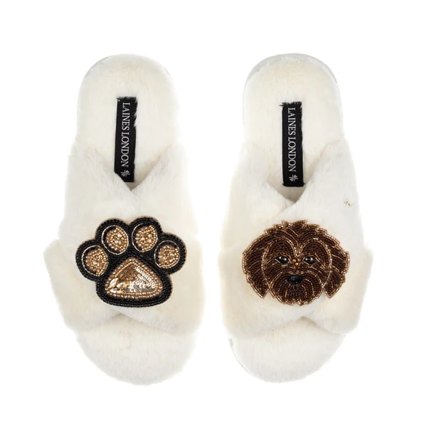 Laines London Classic Laines Slippers With Paw & Chocolate Cockapoo Brooches