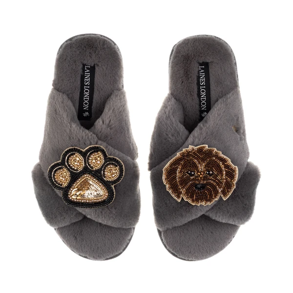 Laines London Classic Laines Slippers With Paw & Chocolate Cockapoo Brooches