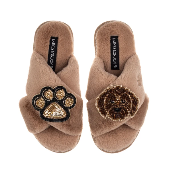 laines london Classic Laines Slippers With Paw & Chocolate Cockapoo Brooches