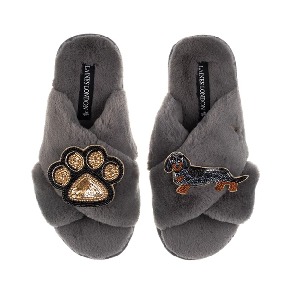 Laines London Classic Laines Slippers With Paw & Dapple Dachshund Brooches