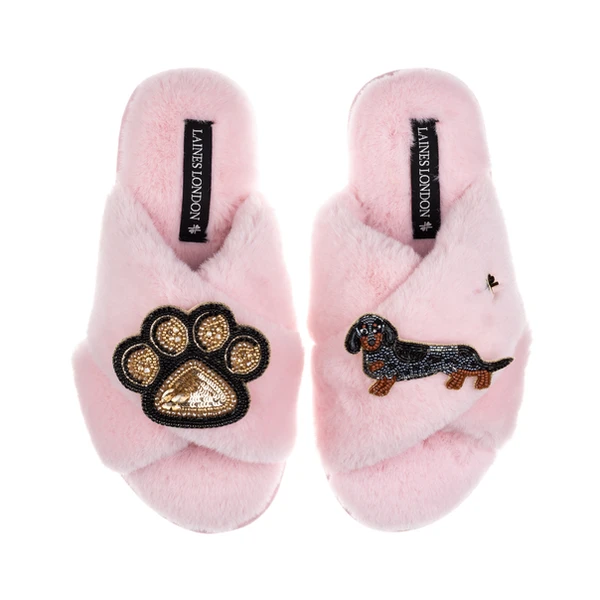 Laines London Classic Laines Slippers With Paw & Dapple Dachshund Brooches