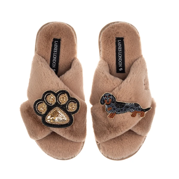 Laines London Classic Laines Slippers With Paw & Dapple Dachshund Brooches