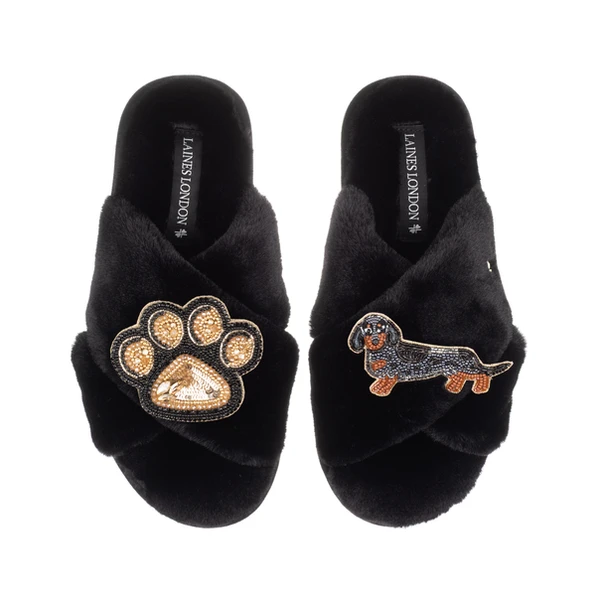 laines london Classic Laines Slippers With Paw & Dapple Dachshund Brooches
