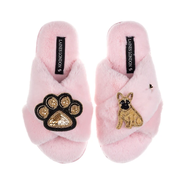 Laines London Classic Laines Slippers With Paw & Fawn Sitting French Bulldog Brooches