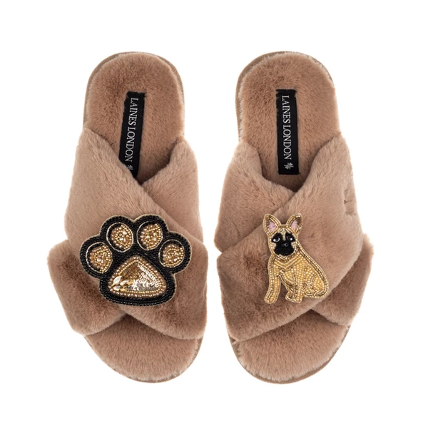 Laines London Classic Laines Slippers With Paw & Fawn Sitting French Bulldog Brooches