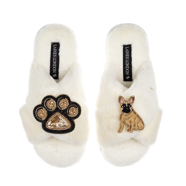 Laines London Classic Laines Slippers With Paw & Fawn Sitting French Bulldog Brooches