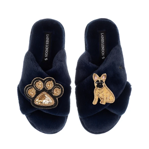 laines london Classic Laines Slippers With Paw & Fawn Sitting French Bulldog Brooches