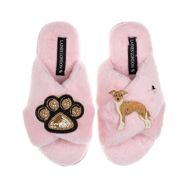 Laines London Classic Laines Slippers With Paw & Fawn & White Italian Greyhound Brooches