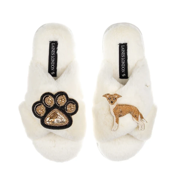 Laines London Classic Laines Slippers With Paw & Fawn & White Italian Greyhound Brooches