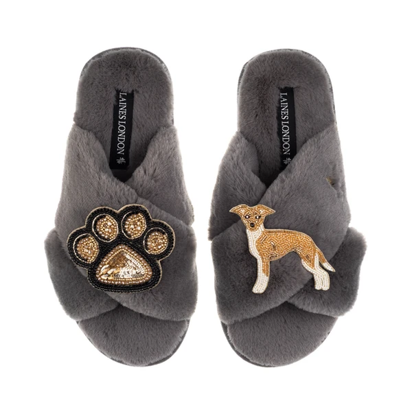 Laines London Classic Laines Slippers With Paw & Fawn & White Italian Greyhound Brooches