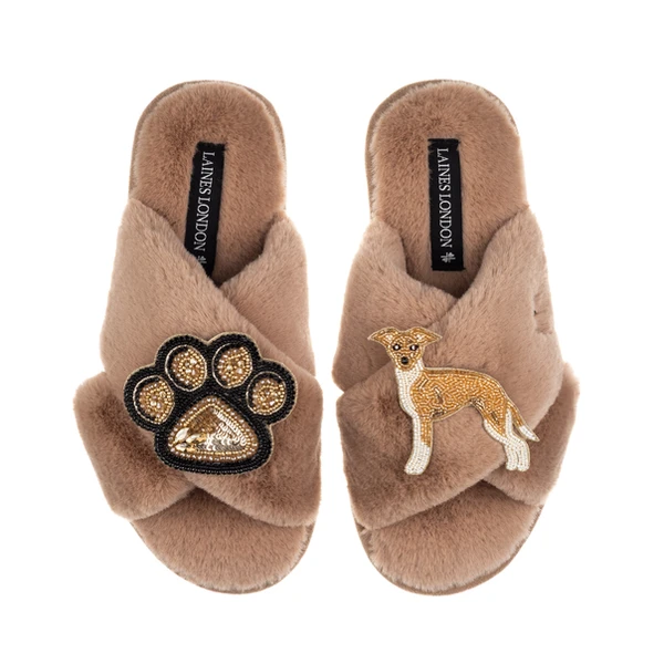 laines london Classic Laines Slippers With Paw & Fawn & White Italian Greyhound Brooches