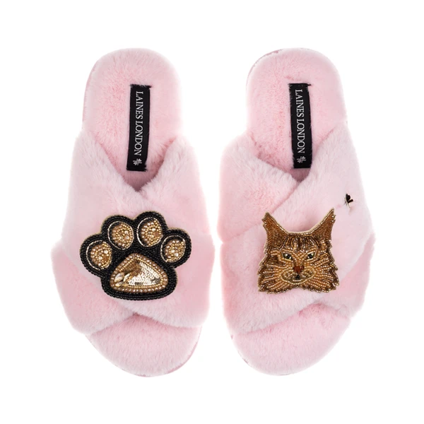 Laines London Classic Laines Slippers With Paw & Ginger Maine Coon Cat Brooches
