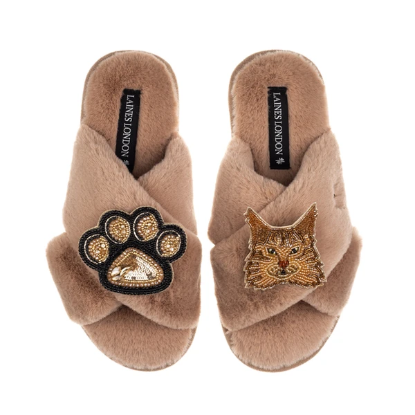 Laines London Classic Laines Slippers With Paw & Ginger Maine Coon Cat Brooches