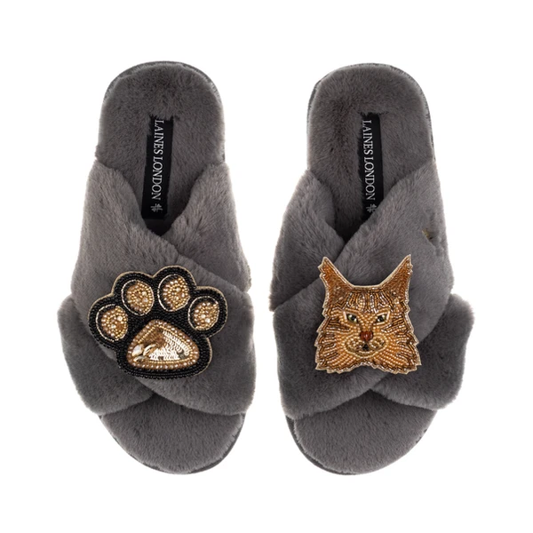 Laines London Classic Laines Slippers With Paw & Ginger Maine Coon Cat Brooches