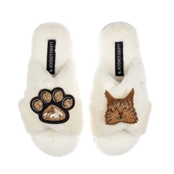 laines london Classic Laines Slippers With Paw & Ginger Maine Coon Cat Brooches