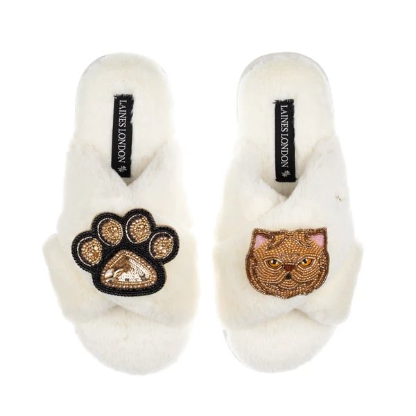 Laines London Classic Laines Slippers With Paw & Ginger Persian Cat Brooches