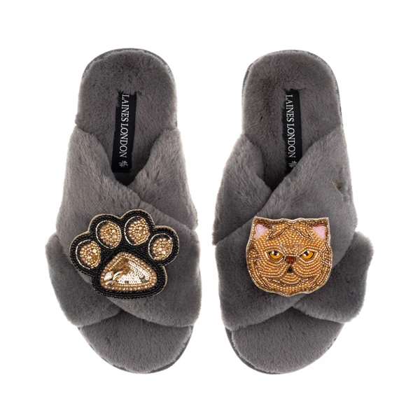 Laines London Classic Laines Slippers With Paw & Ginger Persian Cat Brooches