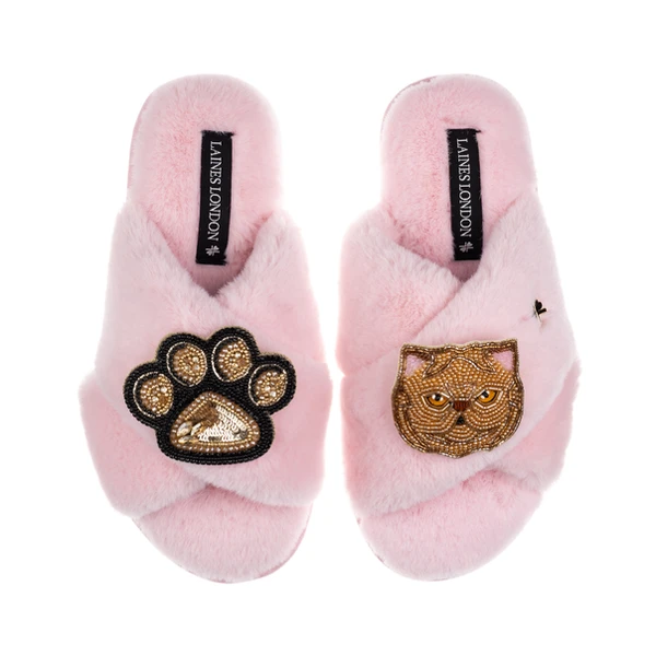 laines london Classic Laines Slippers With Paw & Ginger Persian Cat Brooches