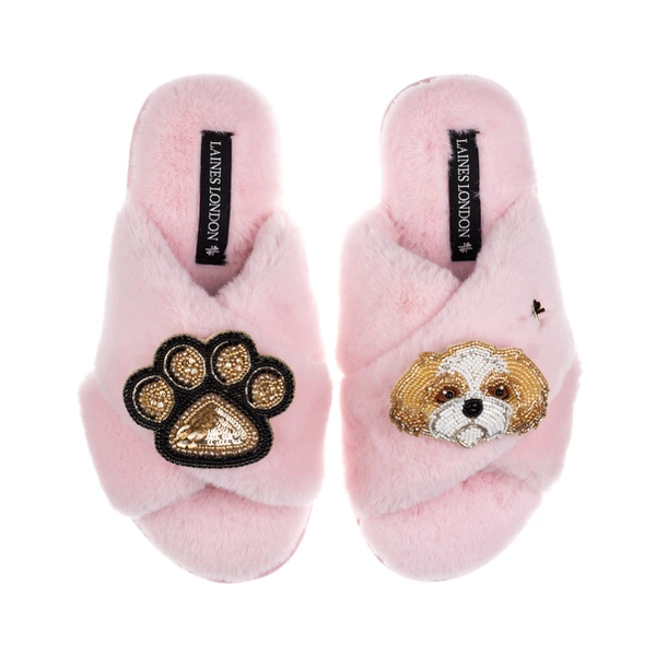 Laines London Classic Laines Slippers With Paw & Gold & White Shih Tzu Brooches