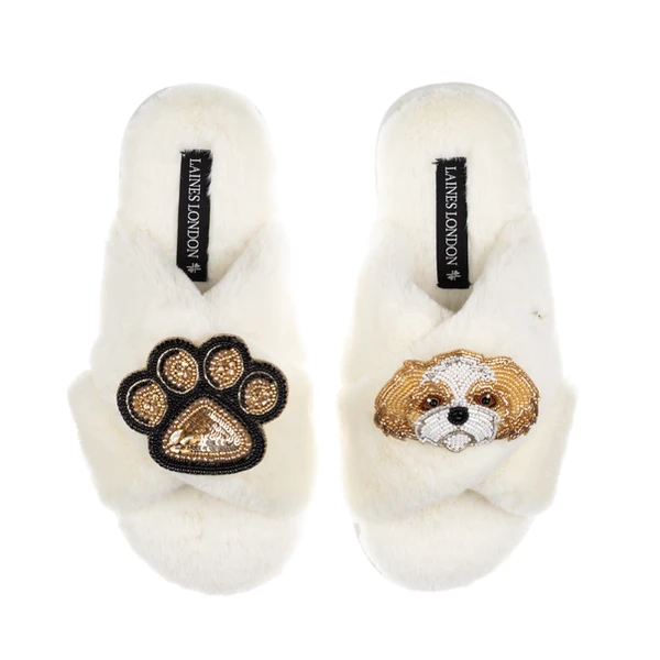 Laines London Classic Laines Slippers With Paw & Gold & White Shih Tzu Brooches