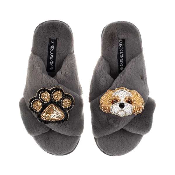 Laines London Classic Laines Slippers With Paw & Gold & White Shih Tzu Brooches