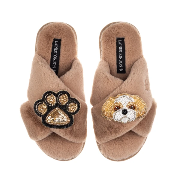laines london Classic Laines Slippers With Paw & Gold & White Shih Tzu Brooches